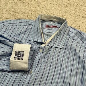 Robert Graham Flip Cuff Button Up Shirt 3XL 19 48 Blue Striped Gingham